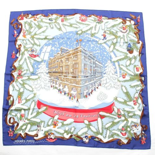 エルメス カレ90 シルク Noel au 24 Faubourg フォーブル24番地のクリスマス スカーフ ホワイト ブルー