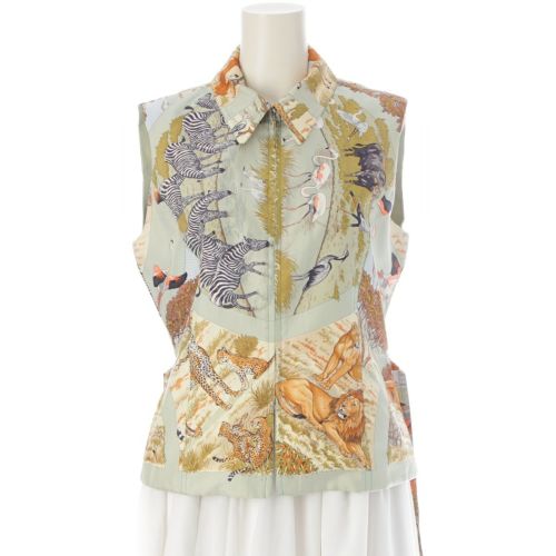 エルメス Tanzanie タンザニア シルク ジップアップ ジレ ベスト トップス ライトグリーン 40