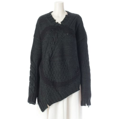 エムエムシックス 22AW アルパカ混ウール デザインカット アシンメトリー ケーブルニット セーター トップス S62GP0070 グリーン×ブラック S