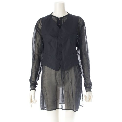 ジャンポールゴルチエ ジャンポールゴルチエ ファム コットン 多重ボタン ベスト レイヤード 変形 ストールドッキング プルオーバー シャツ ブラウス ブラック 40