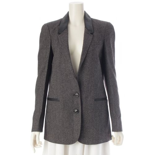 バーバリー レザー 切替 ウール テーラードジャケット グレー×ブラック UK6