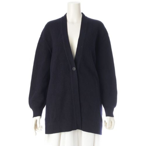 エルメス 24年 カシミヤ ロゴボタン リブ編み カーディガン トップス 4E2702D1 ネイビー 36