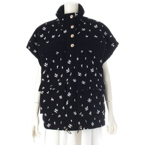 シャネル 22AW ベロア調 ココマーク ボタン ロゴ刺繍 ベスト ジャケット アウター P73242 ブラック 38