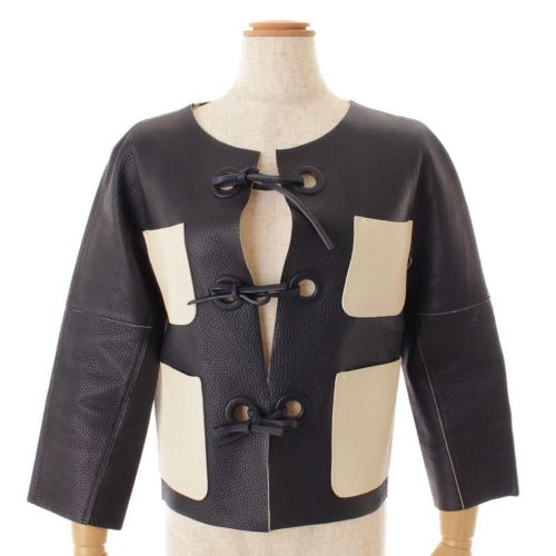 ルイヴィトン レザー ノーカラー ジャケット ネイビー×ホワイト