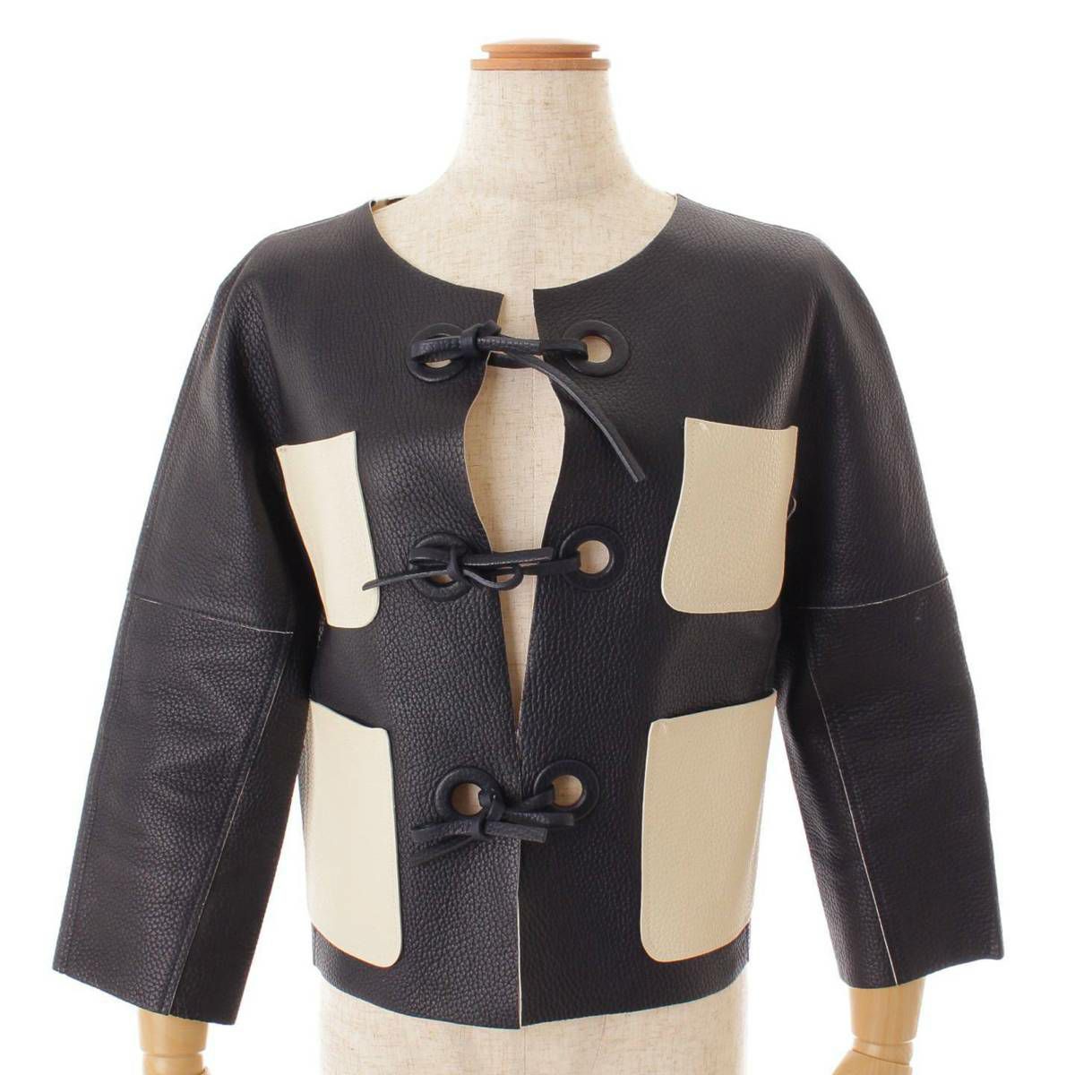 ルイヴィトン レザー ノーカラー ジャケット ネイビー×ホワイト | 中古