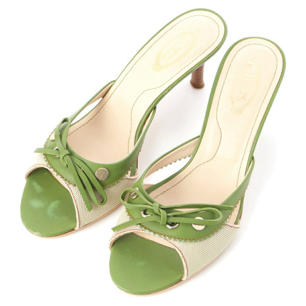 トッズ レザー Tスタッズ リボン オープントゥ ミュール グリーン 36.5