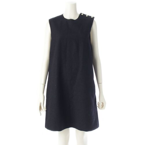 クリスチャンディオール 24FW ヴァージンウール コットン グログラントリム Fパール CDロゴボタン ミニ ワンピース ノースリーブ ドレス ダークネイビー 42