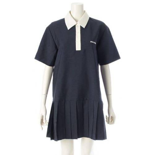 ミュウミュウ 24AW キッドモヘア ミニドレス ヴァージンウール ロゴ プリーツスカート ポロシャツ ワンピース MF5613 ネイビー 40