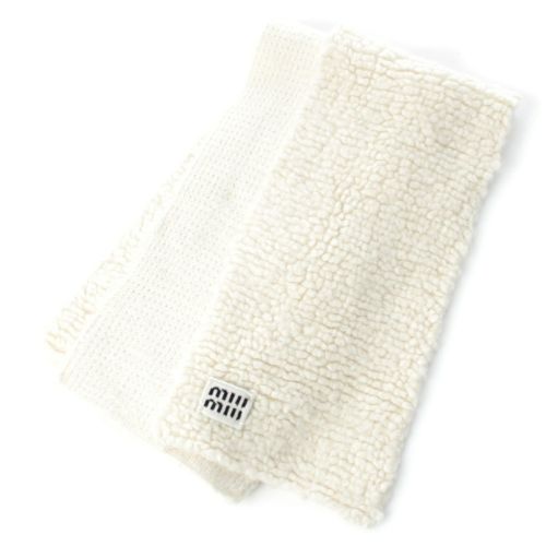 ミュウミュウ 23AW ヴァージンウール アルパカ ロゴ ボアニット マフラー ストール 5FS049 オフホワイト