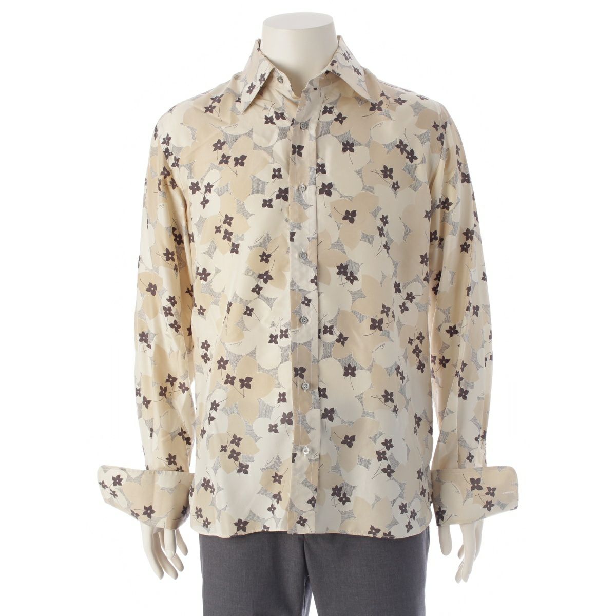 グッチ シルク 花柄 フラワー 長袖 ブラウス シャツ ベージュ 40 15 3/4