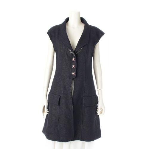 シャネル 12A ウール×ナイロン カラーストーンボタン 裏地ツイード ノースリーブ ワンピース ベスト コート P44673 ネイビー 36