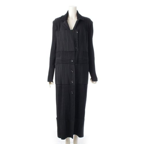 イッセイミヤケ 98年 プリーツ ボーダー 切替 ロング コート アウター IM84-FA911 ブラック L