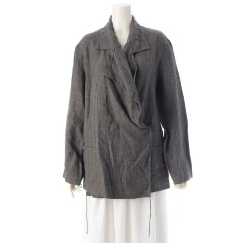 イッセイミヤケ リネン 作務衣 ドローコード 変形 ダブルブレスト ジャケット アウター IM91-FD037 グレー L