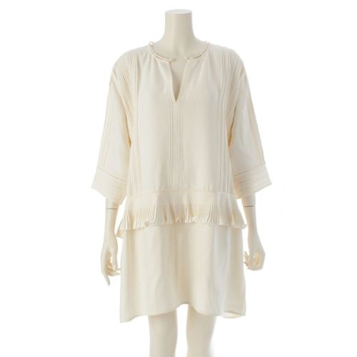 エルメス 22SS シルク 羊革 長袖 ワンピース ドレス 2H0536DI ホワイト 34