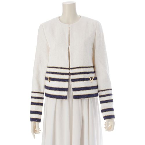 ヴァレンティノ 23年 MARINIERE ツイード ノーカラー Vシグネチャー テーラードジャケット ホワイト 38