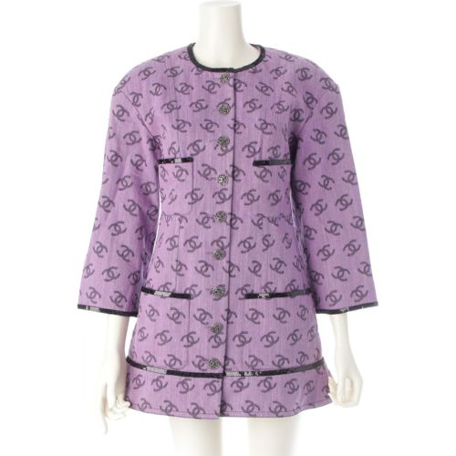 シャネル 22S ココマーク 総ロゴ スパンコール ノーカラー ロング ジャケット ワンピース P72568 パープル 34