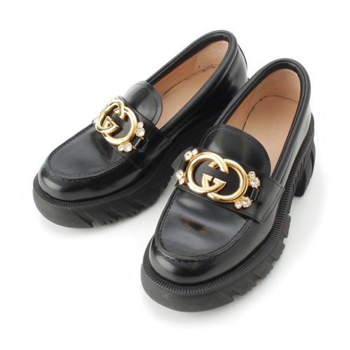 グッチ ROMANCE ロマンス インターロッキングG ビジュー 厚底 ヒール ローファー シューズ 700271 ブラック 37 1/2