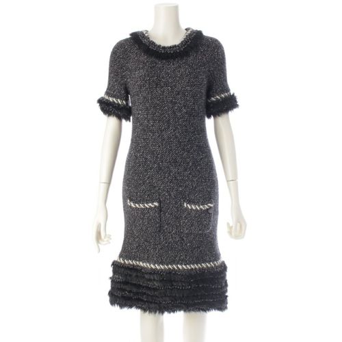 シャネル カシミヤ ウール ココマーク ファー ワンピース P39939 グレー 36