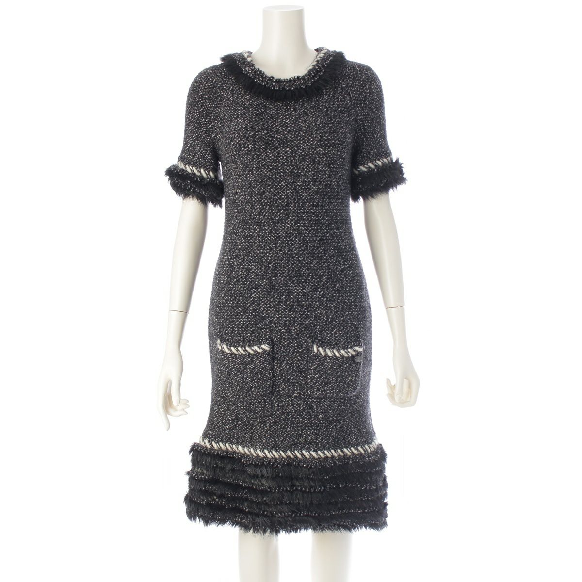 シャネル カシミヤ ウール ココマーク ファー ワンピース P39939 グレー 36