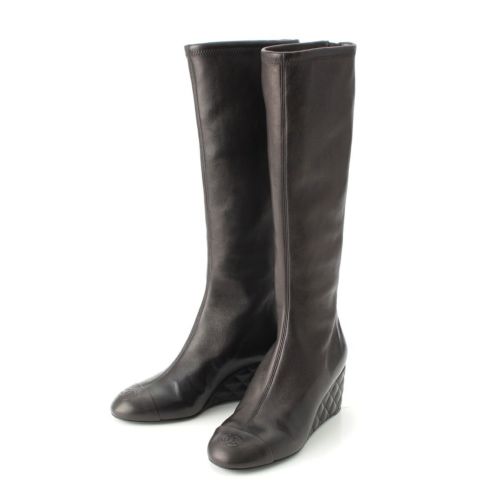 シャネル 25年 レザー メティエダールコレクション ロング ブーツ シューズ G46563 ブラック 38C