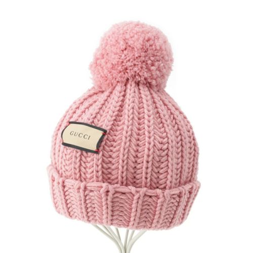 グッチ ウール ロゴパッチ ボンボン ニット帽 ニットキャップ 帽子 652656 ピンク S