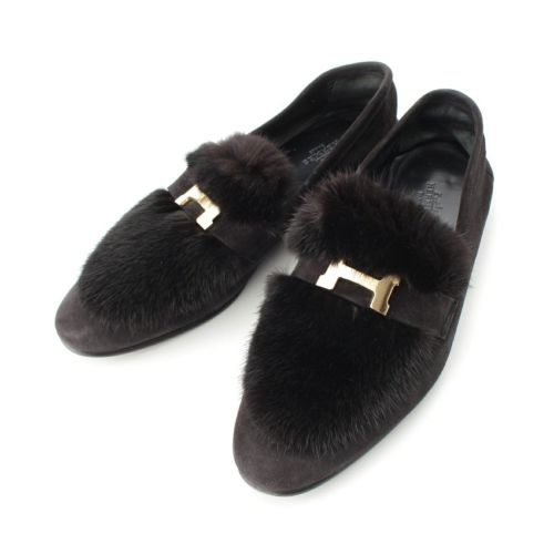 エルメス パリ モカシン スウェードレザー フラットシューズ ミンクファー ノワール ローファー ブラック 39