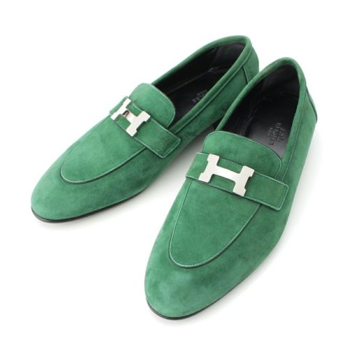 エルメス パリ モカシン スウェード フラットシューズ シルバー金具 ローファー グリーン 39