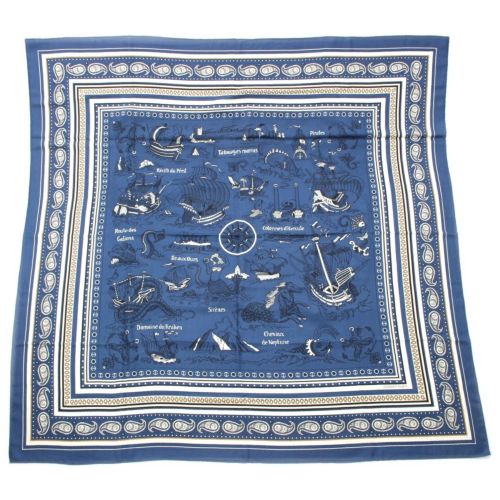 エルメス カレジェアン カシミヤ シルク 140 Tatouages Marins Bandana 船乗りのタトゥー ストール ブルー