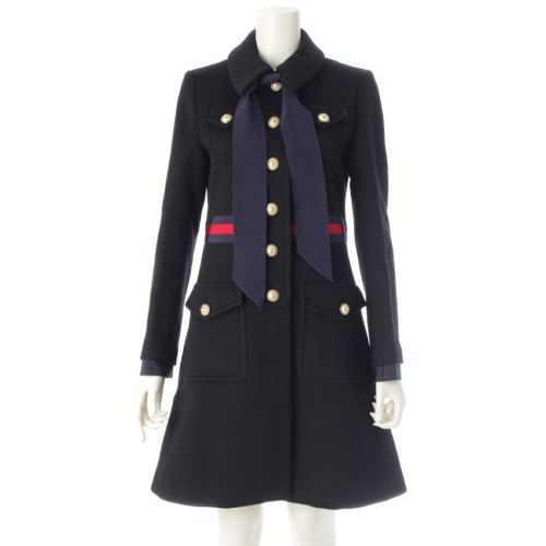 グッチ ウール Gボタン グログランウェブネック ボウタイ付き ロング コート アウター 448610 ブラック 40