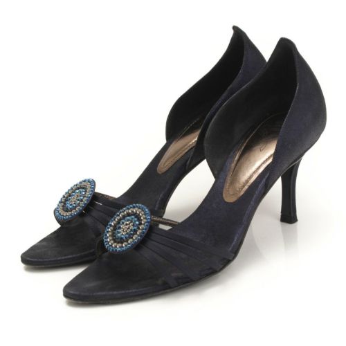 ロド(RODO) ラインストーン メタリック スエード サテン サンダル ネイビー 36 1/2