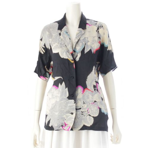 イッセイミヤケ 70s 1979 初期タグ TADANORI YOKOO 横尾忠則グラフィック シルク 花 総柄 半袖シャツ 平面パターン ブラック マルチカラー 9