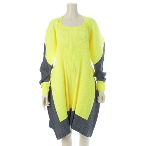 イッセイミヤケ 90s 91SS 変形 CURVED PLEATES カーブ プリーツ ワンピース IM11-FH012 ネオンイエロー グレー M