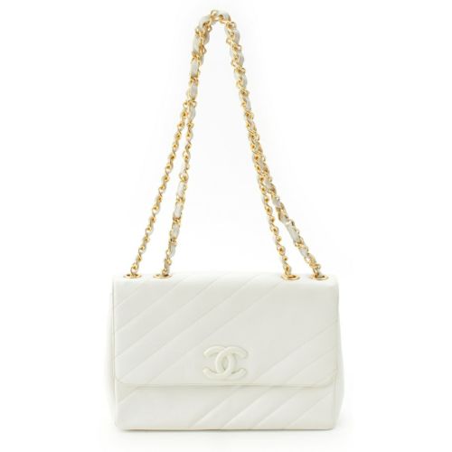 シャネル キャビアスキン バイアスステッチ チェーン ショルダーバッグ ホワイト