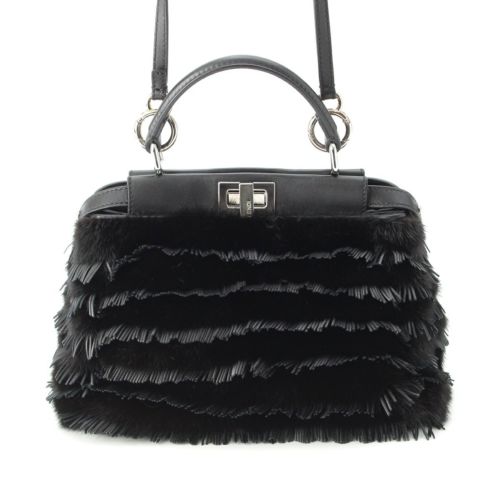 フェンディ ピーカブー ミニ ミンク ファー レザー フリンジ ストラップユー 別売りストラップ付き ハンドバッグ 2way ショルダー 8BN244 ブラック