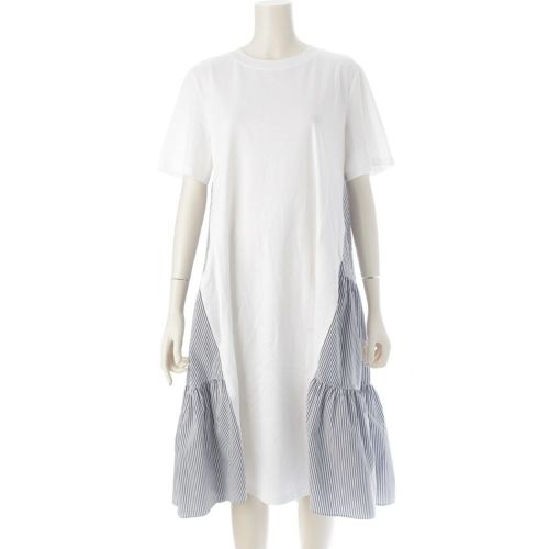 アディアム 25年 コットン Greta グレタ 異素材 ドッキング ストライプ ティアード ワンピース 45550 ホワイト ブルー 4