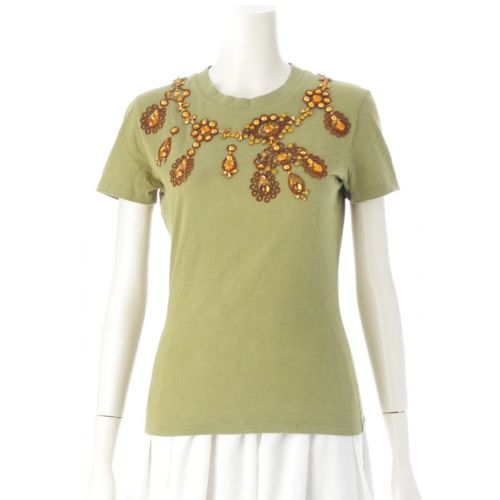 クリスチャンディオール 2002年 02AW ガリアーノ期 ビジュー クルーネック 半袖Ｔシャツ トップス カーキ オレンジ 38