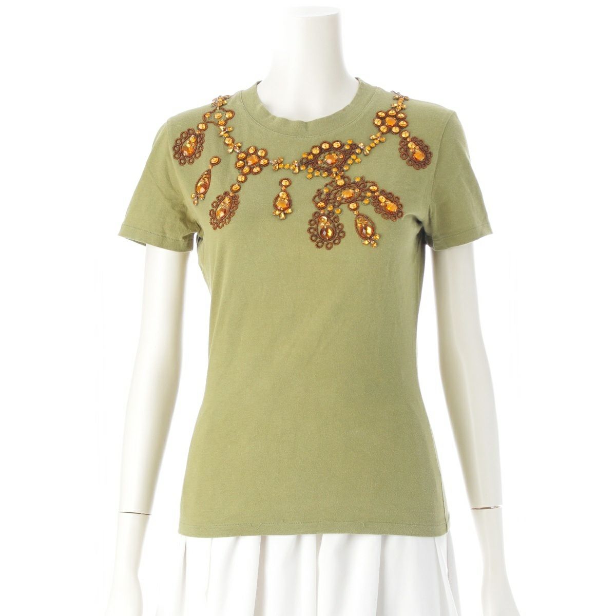 クリスチャンディオール 2002年 02AW ガリアーノ期 ビジュー クルーネック 半袖Ｔシャツ トップス カーキ オレンジ 38