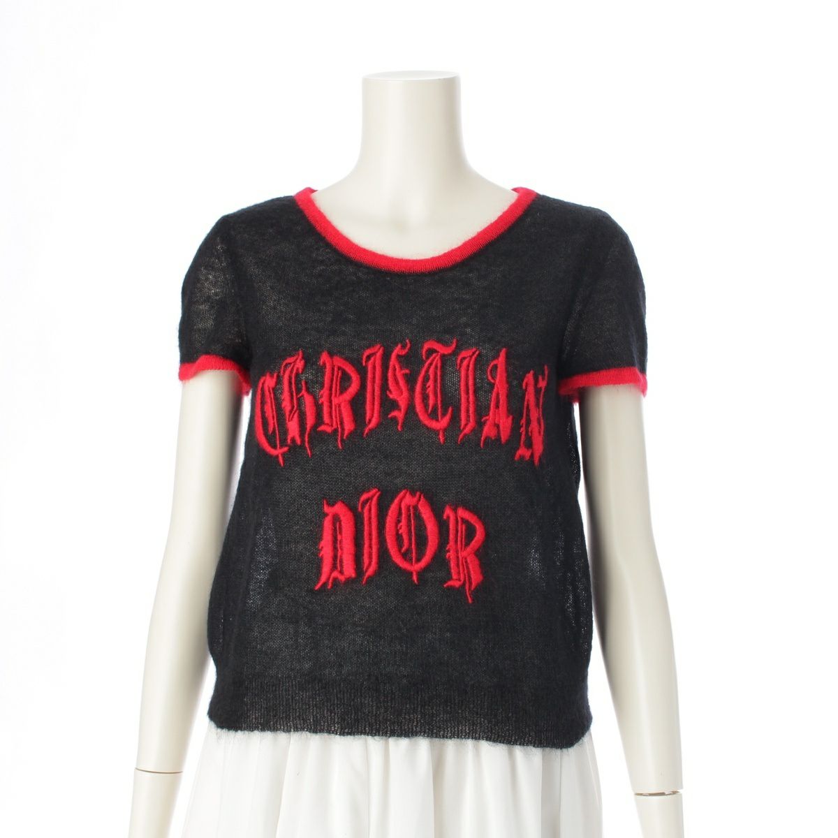 ディオール 02SS モヘア×ウール×ナイロン ロゴ刺繍 半袖 セーター ニット トップス 2A13055070 ブラック×レッド 38