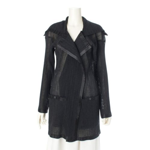 イッセイミヤケ 96SS 細プリーツ シアー トリムデザイン ロング カーディガン トップス IM61-FD907 ブラック L