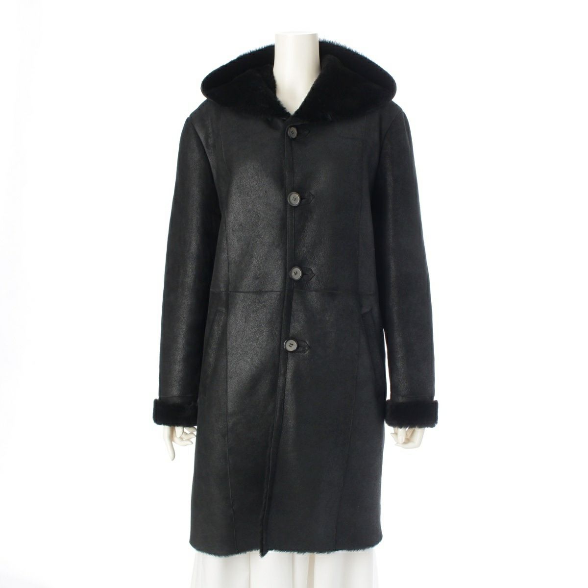 エストネーション ムートン レザー フーデット コート アウター ブラック M