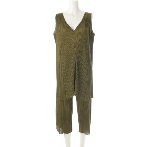 プリーツプリーズ イッセイミヤケ ポリエステル ノースリーブ Aライン 斜めプリーツ クロップドパンツ パンツセットアップ PP03-JT147 / PP03-JF141 グリーン 3