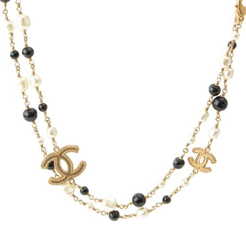 シャネル B11A ココマーク 2連 パール ネックレス アクセサリー ブラック×ホワイト×ゴールド