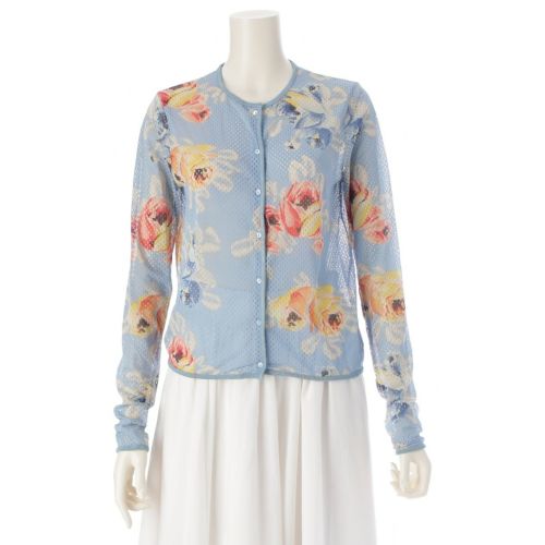 ディオール 2001SS ガリアーノ期 スカイ フローラルプリント メッシュ カーディガン トップス ペールブルー ライトブルー系 マルチカラー