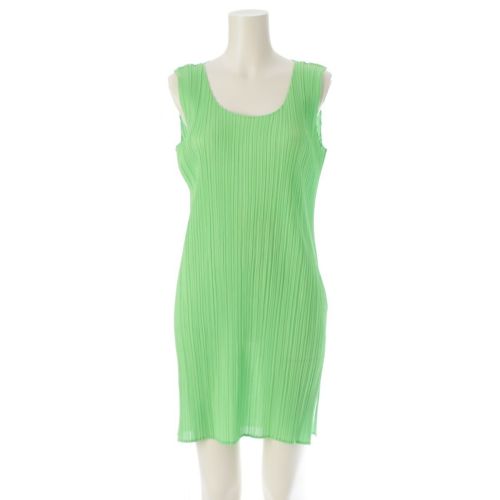 イッセイミヤケ プリーツ ノースリーブミニ チュニック ワンピース PP41-JK815 ライトグリーン L