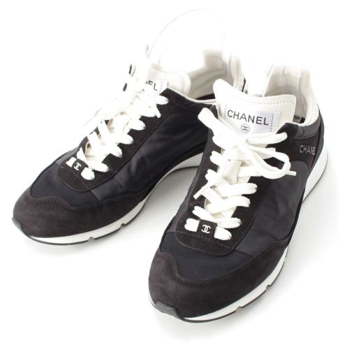 シャネル 24SS スウェード ナイロン ココマーク ロゴ ロートップ スニーカー シューズ G45587 ブラック ホワイト 39