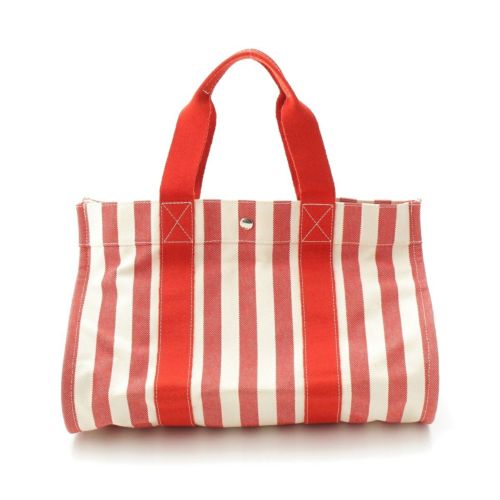 エルメス カンヌ コットン MM キャンバス ポーチ付き ストライプ トートバッグ レッド ホワイト