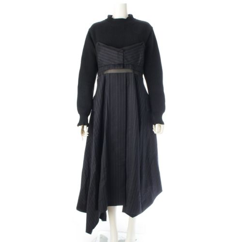 サカイ Wool Knit × Chalk Stripe 切替 ワンピース ドレス 22-06327