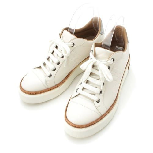 エルメス ポロ レザー Hロゴ ローカット スニーカー シューズ ホワイト ブラウン シルバー 38D