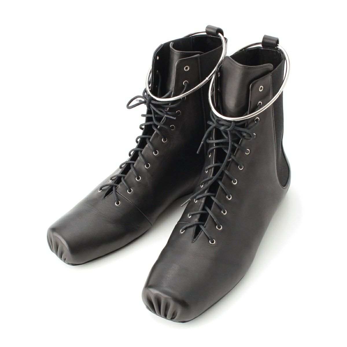 ジルサンダー レザー サイドゴア スクエアトゥ アンクレット レースアップ ブーツ シューズ JS32205A ブラック 39