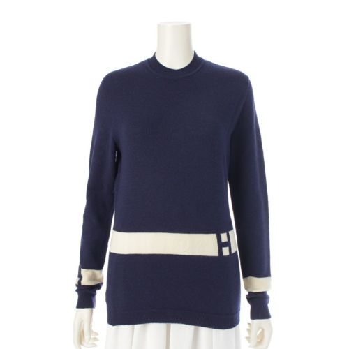 エルメス Hロゴ ライン クルーネック ニット セーター トップス ネイビー ホワイト S